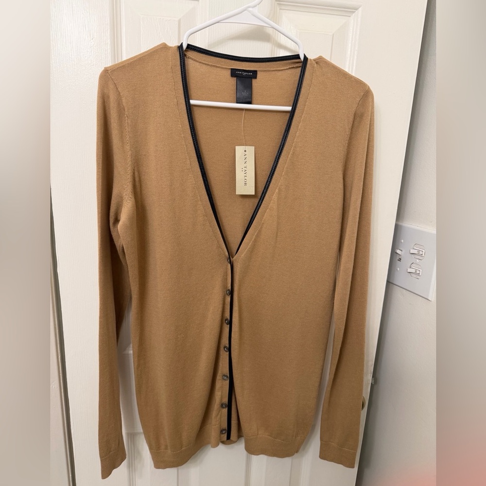 🆕 Ann Taylor V-Neck Cardigan with Black Faux/Vegan Leather Trim